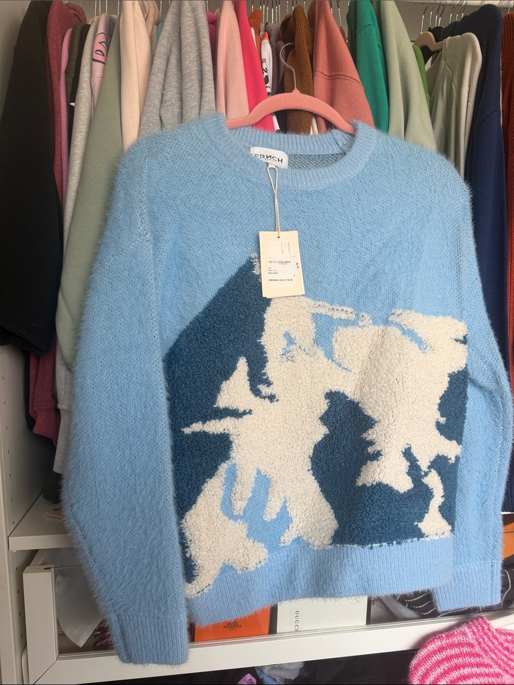 FRNCH Light Blue Crewneck Sweater with Cream & Navy Graphic